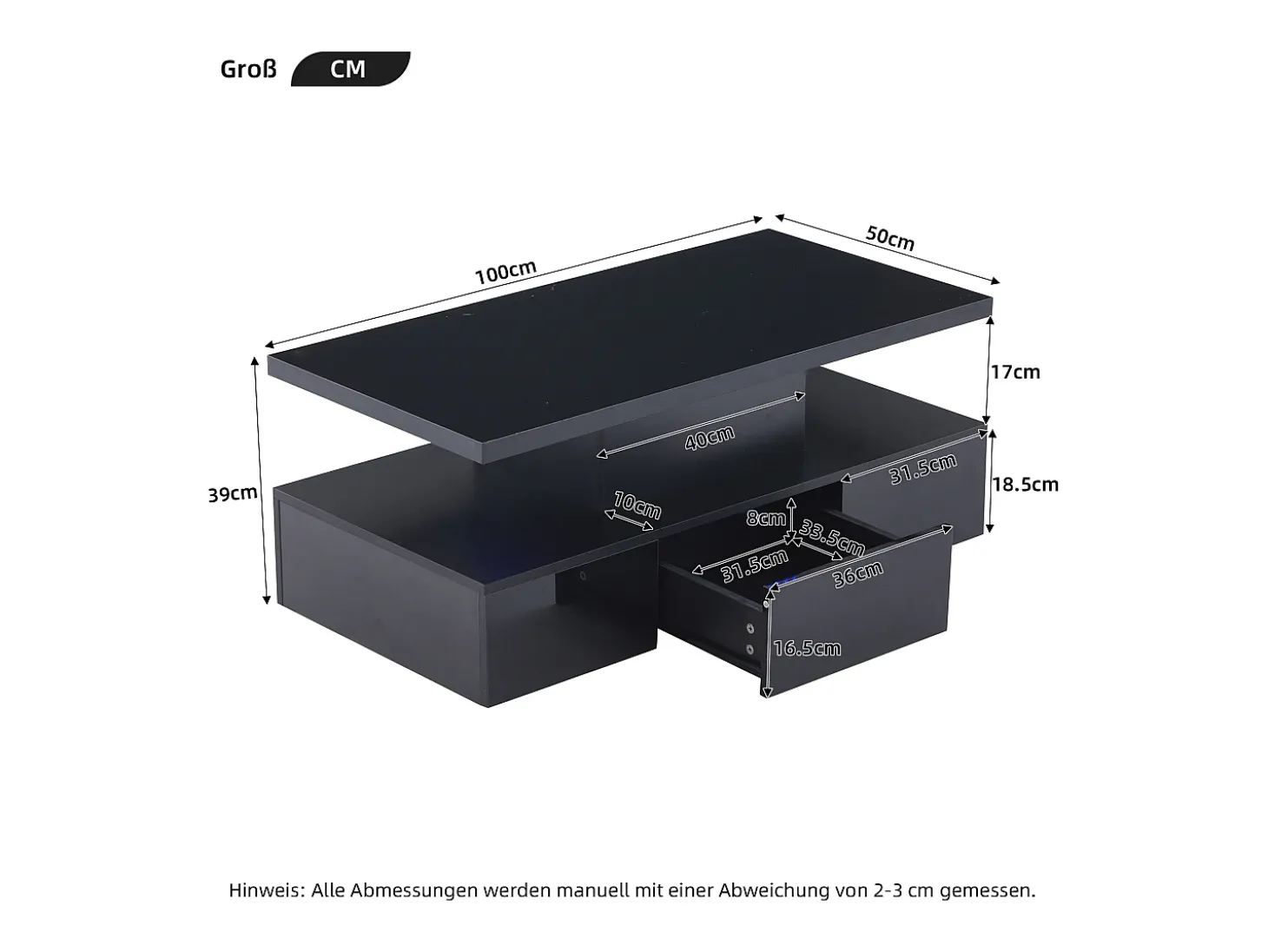 Mesa de centro retangular moderna lacada a preto com gaveta e LED