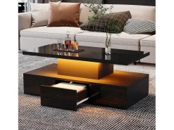 Mesa de centro retangular moderna lacada a preto com gaveta e LED