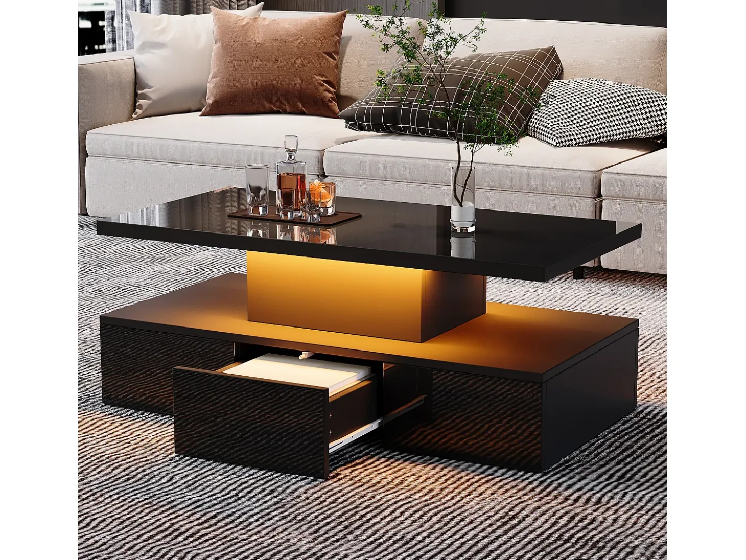 Mesa de centro retangular moderna lacada a preto com gaveta e LED