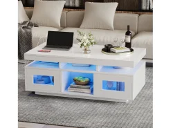Mesa de centro retangular 100x50x43cm com 2 portas e nicho, LED, portas USB e tomada incluídas, corpo em laca branca brilhante