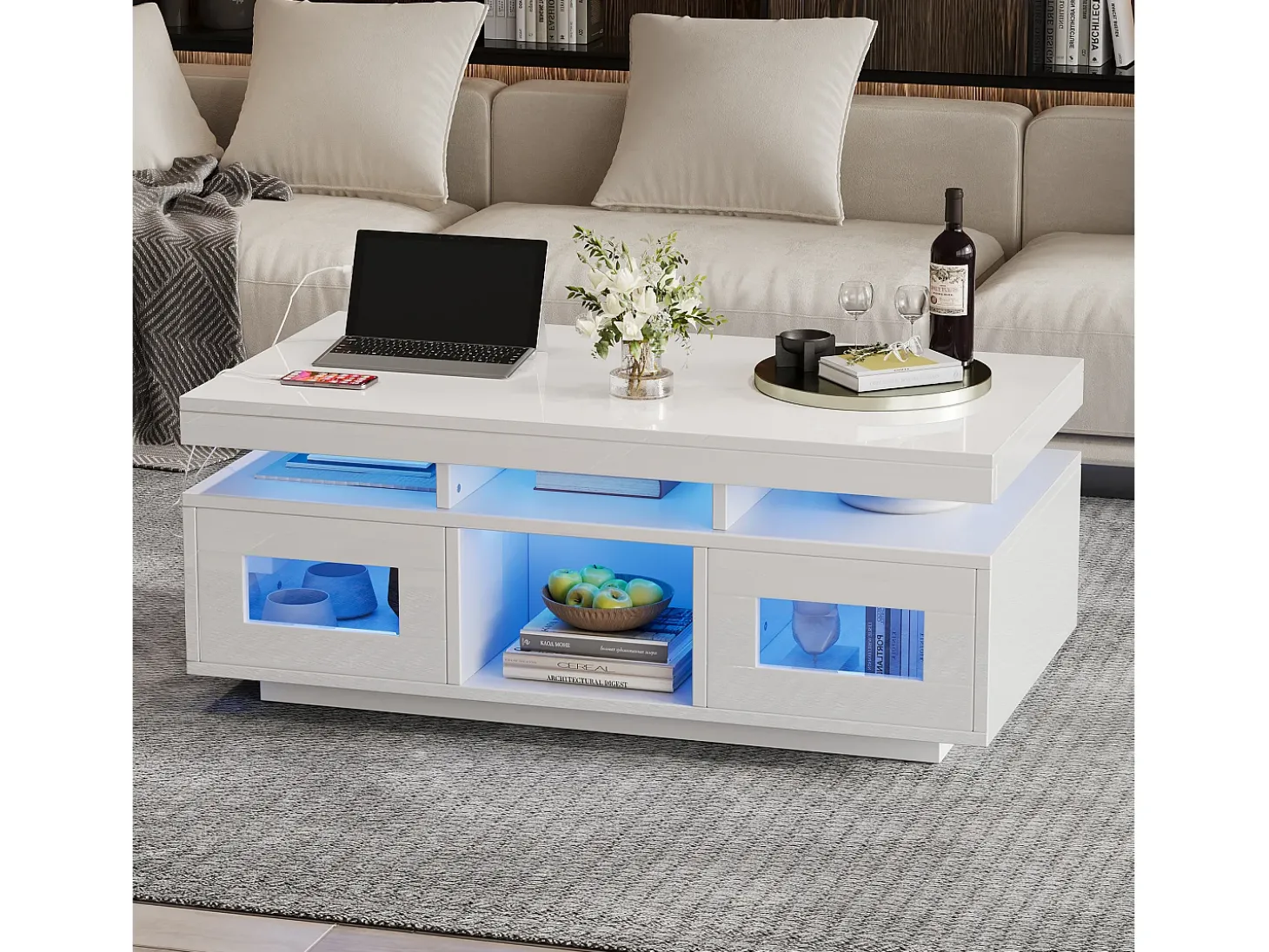 Mesa de centro retangular 100x50x43cm com 2 portas e nicho, LED, portas USB e tomada incluídas, corpo em laca branca brilhante