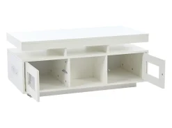 Mesa de centro retangular 100x50x43cm com 2 portas e nicho, LED, portas USB e tomada incluídas, corpo em laca branca brilhante