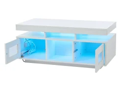 Mesa de centro retangular 100x50x43cm com 2 portas e nicho, LED, portas USB e tomada incluídas, corpo em laca branca brilhante