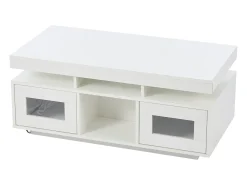 Mesa de centro retangular 100x50x43cm com 2 portas e nicho, LED, portas USB e tomada incluídas, corpo em laca branca brilhante