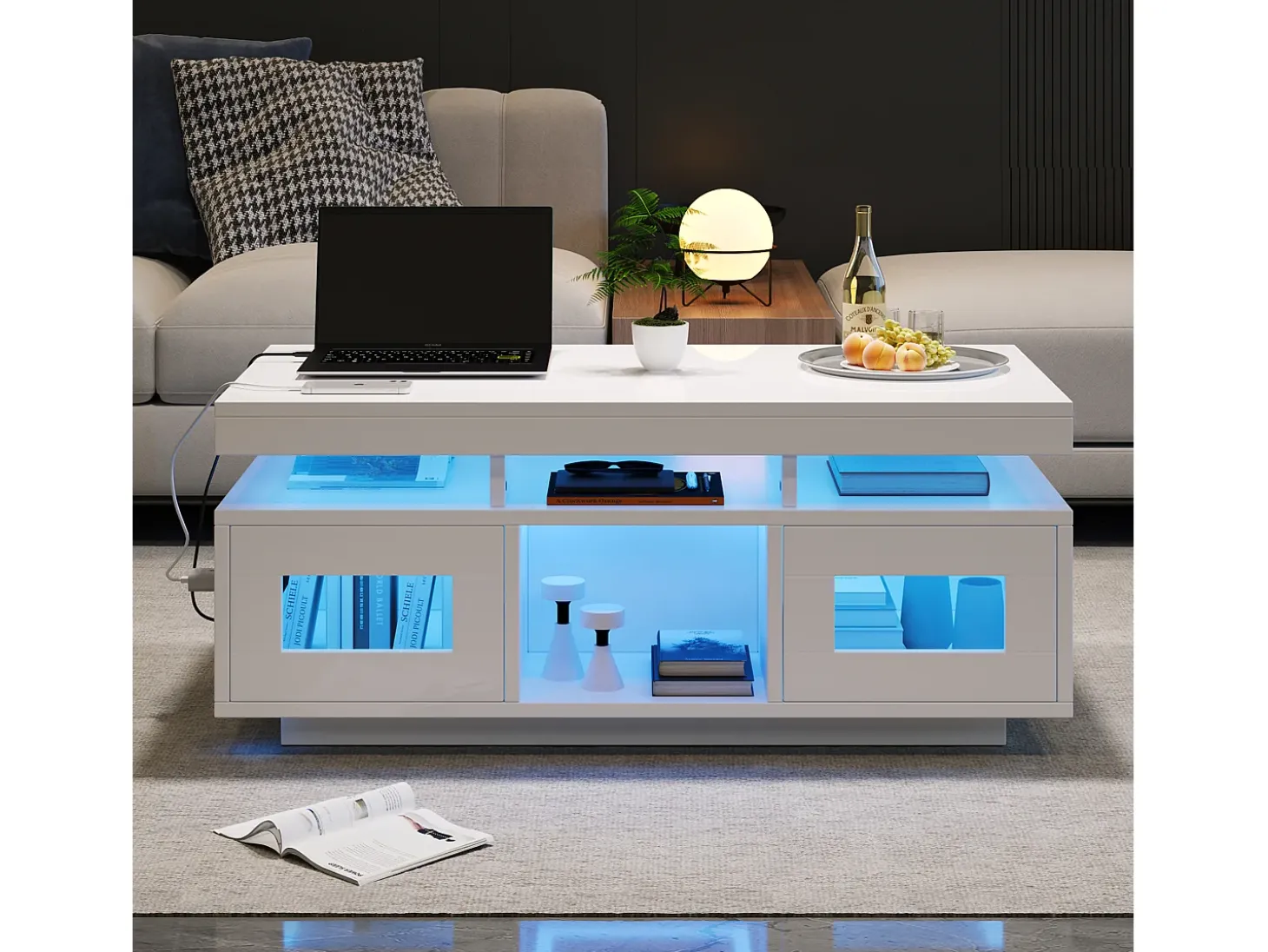 Mesa de centro retangular 100x50x43cm com 2 portas e nicho, LED, portas USB e tomada incluídas, corpo em laca branca brilhante