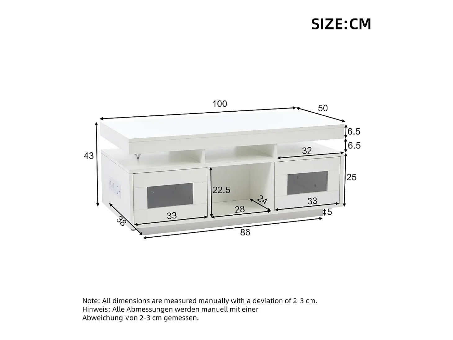 Mesa de centro retangular 100x50x43cm com 2 portas e nicho, LED, portas USB e tomada incluídas, corpo em laca branca brilhante