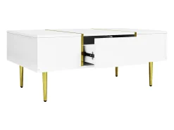Mesa de centro retangular 100x60x41,5cm com 2 gavetas, corpo em laca branca com detalhes dourados