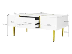 Mesa de centro retangular 100x60x41,5cm com 2 gavetas, corpo em laca branca com detalhes dourados