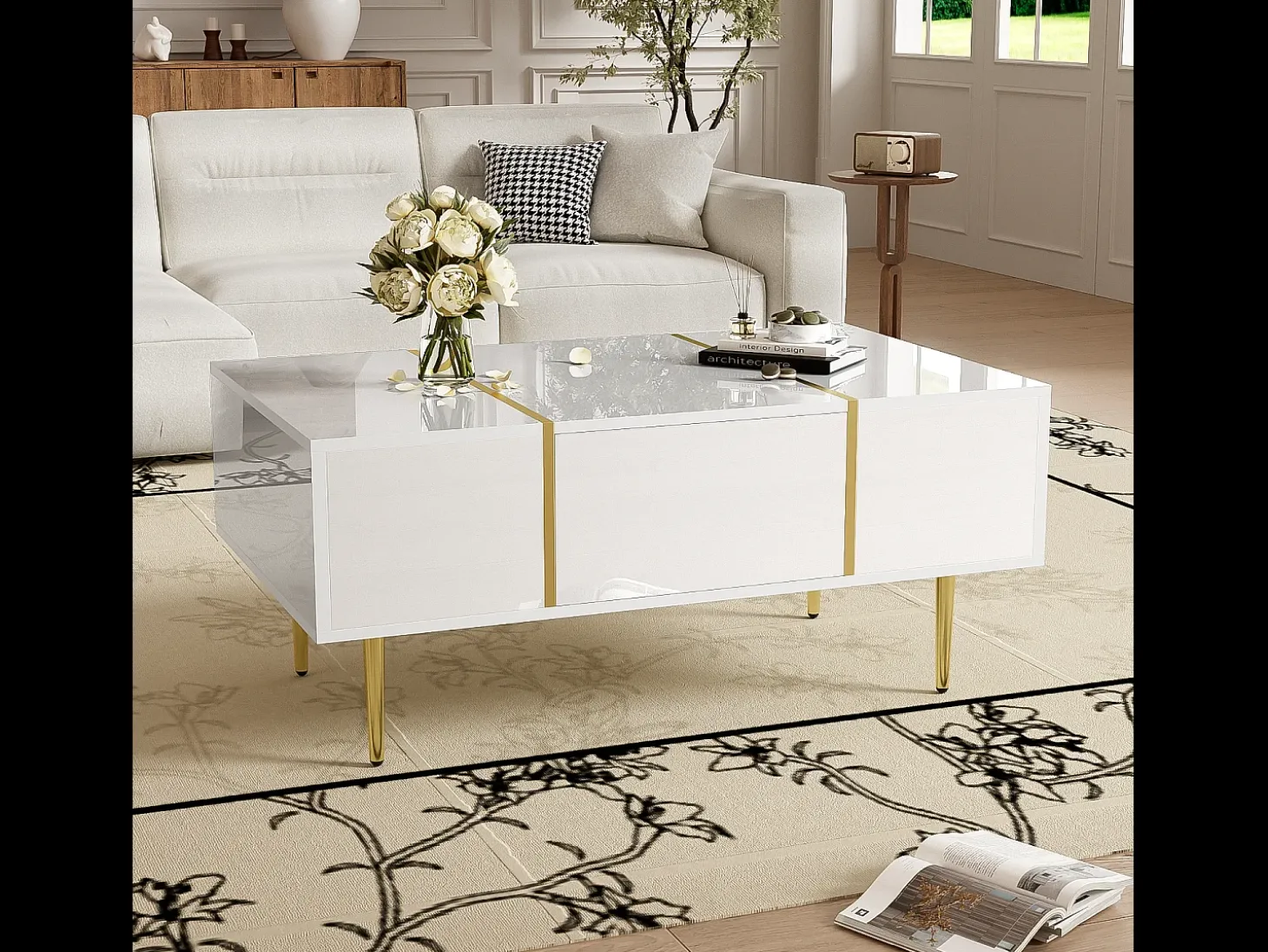 Mesa de centro retangular 100x60x41,5cm com 2 gavetas, corpo em laca branca com detalhes dourados
