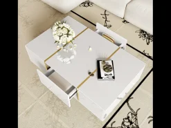 Mesa de centro retangular 100x60x41,5cm com 2 gavetas, corpo em laca branca com detalhes dourados