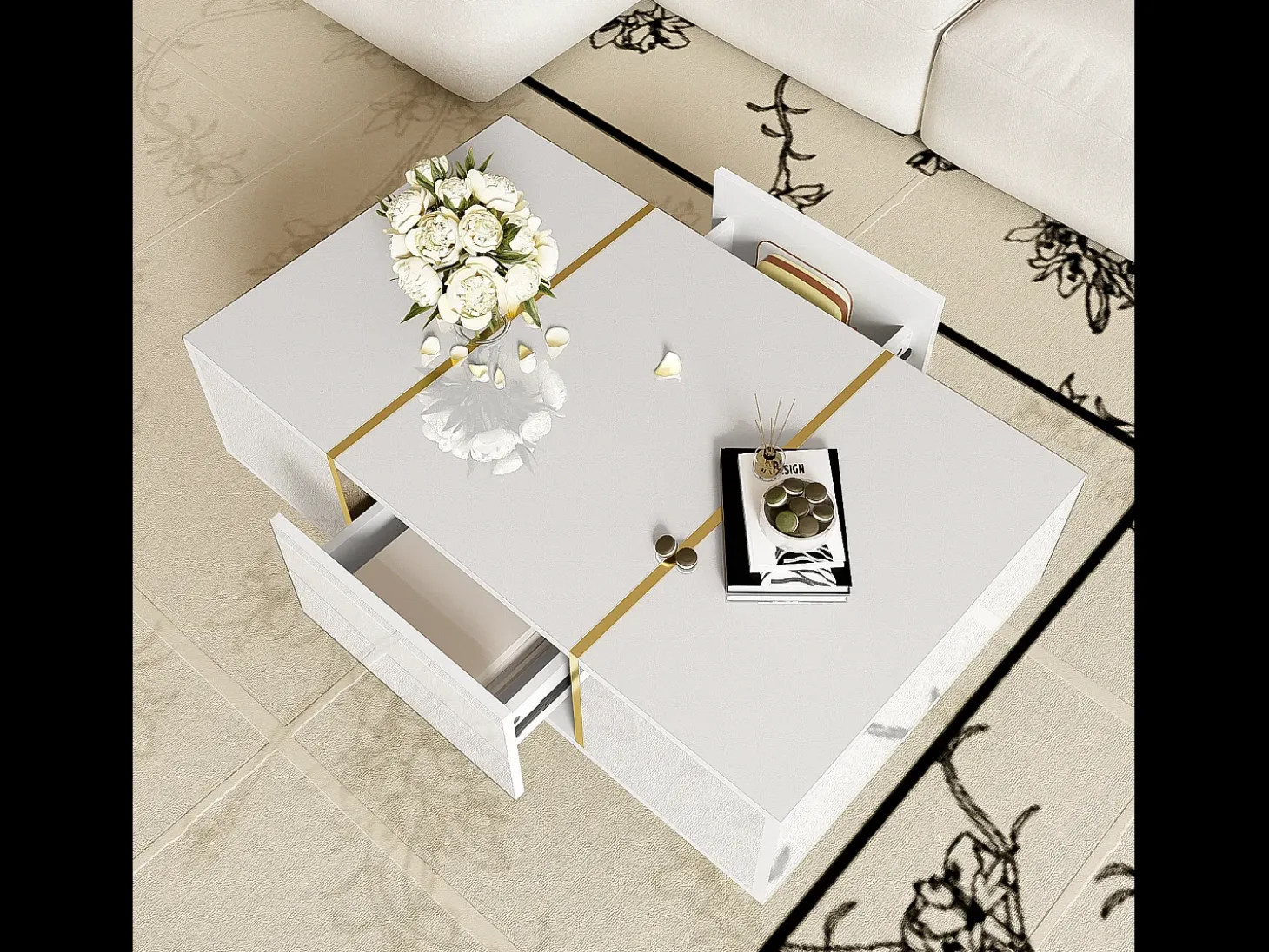 Mesa de centro retangular 100x60x41,5cm com 2 gavetas, corpo em laca branca com detalhes dourados
