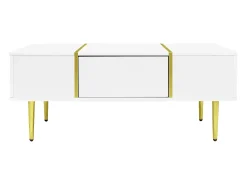 Mesa de centro retangular 100x60x41,5cm com 2 gavetas, corpo em laca branca com detalhes dourados