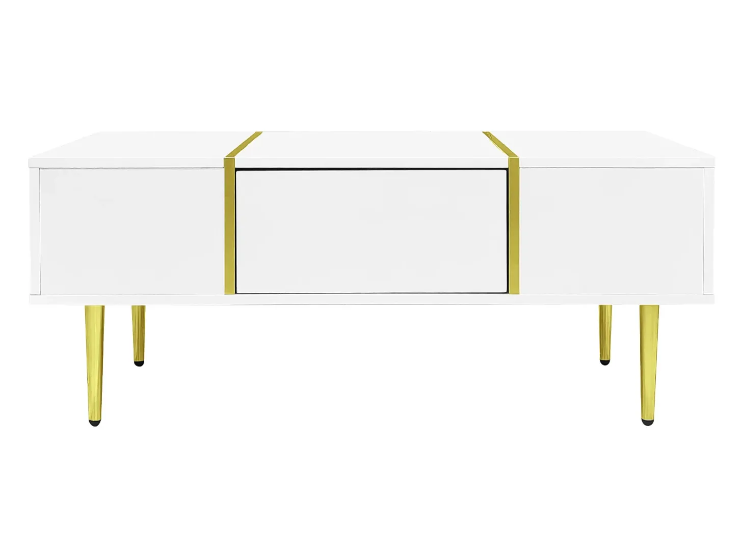 Mesa de centro retangular 100x60x41,5cm com 2 gavetas, corpo em laca branca com detalhes dourados