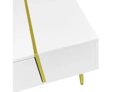 Mesa de centro retangular 100x60x41,5cm com 2 gavetas, corpo em laca branca com detalhes dourados