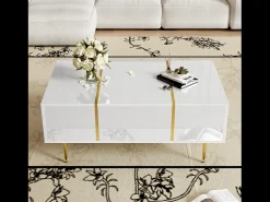 Mesa de centro retangular 100x60x41,5cm com 2 gavetas, corpo em laca branca com detalhes dourados