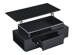 Mesa de centro retangular 96x45x40cm com tampo elevatório e 1 gaveta, amplo espaço de arrumação integrado, LED incluído, corpo em laca preta brilhante