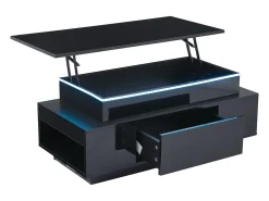 Mesa de centro retangular 96x45x40cm com tampo elevatório e 1 gaveta, amplo espaço de arrumação integrado, LED incluído, corpo em laca preta brilhante