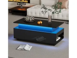 Mesa de centro retangular 96x45x40cm com tampo elevatório e 1 gaveta, amplo espaço de arrumação integrado, LED incluído, corpo em laca preta brilhante