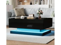 Mesa de centro retangular 90x50x38cm com 2 gavetas, LED incluído, corpo em laca preta brilhante