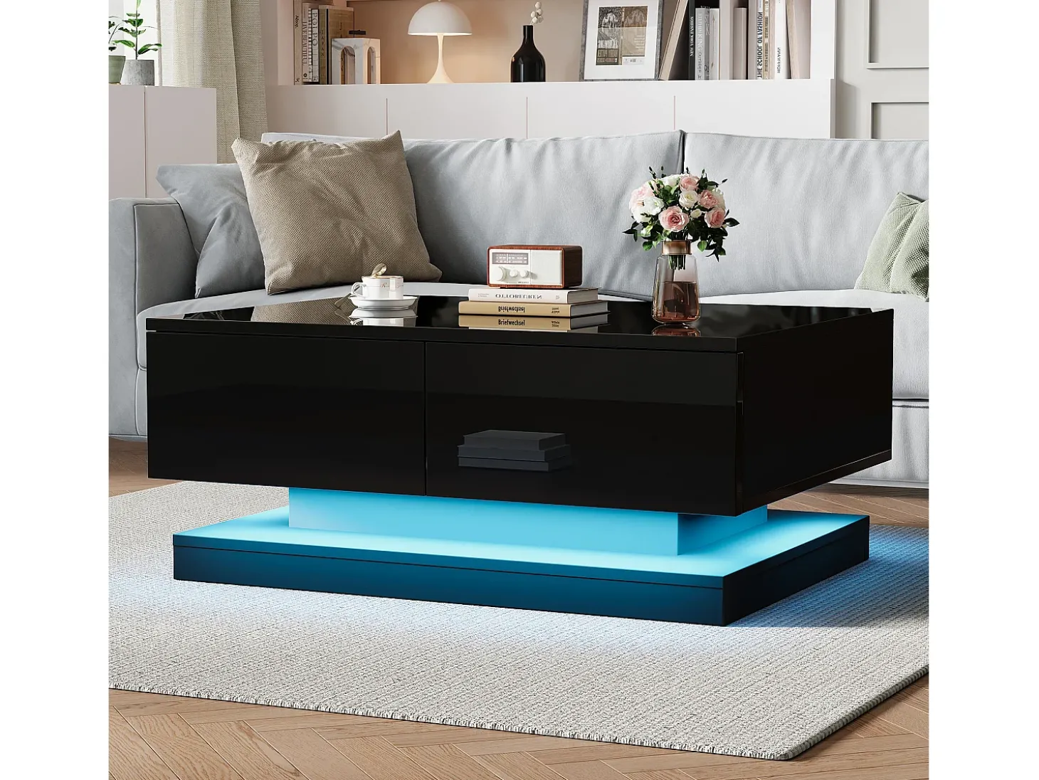 Mesa de centro retangular 90x50x38cm com 2 gavetas, LED incluído, corpo em laca preta brilhante