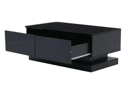 Mesa de centro retangular 90x50x38cm com 2 gavetas, LED incluído, corpo em laca preta brilhante
