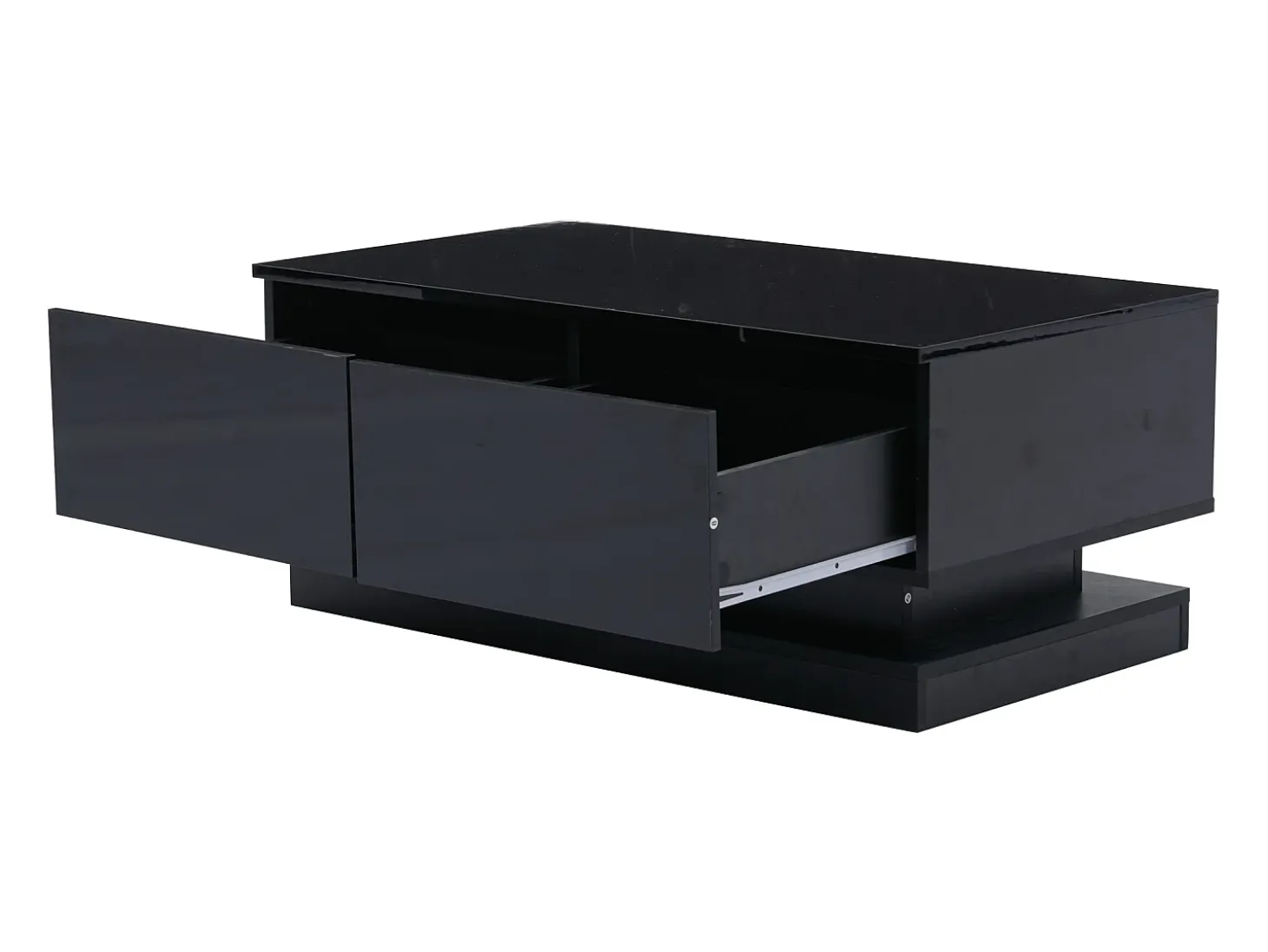 Mesa de centro retangular 90x50x38cm com 2 gavetas, LED incluído, corpo em laca preta brilhante