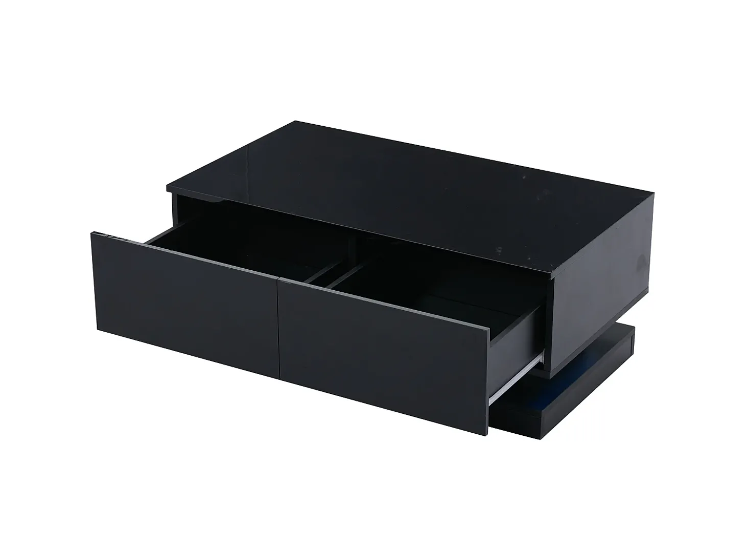 Mesa de centro retangular 90x50x38cm com 2 gavetas, LED incluído, corpo em laca preta brilhante