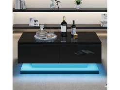 Mesa de centro retangular 90x50x38cm com 2 gavetas, LED incluído, corpo em laca preta brilhante