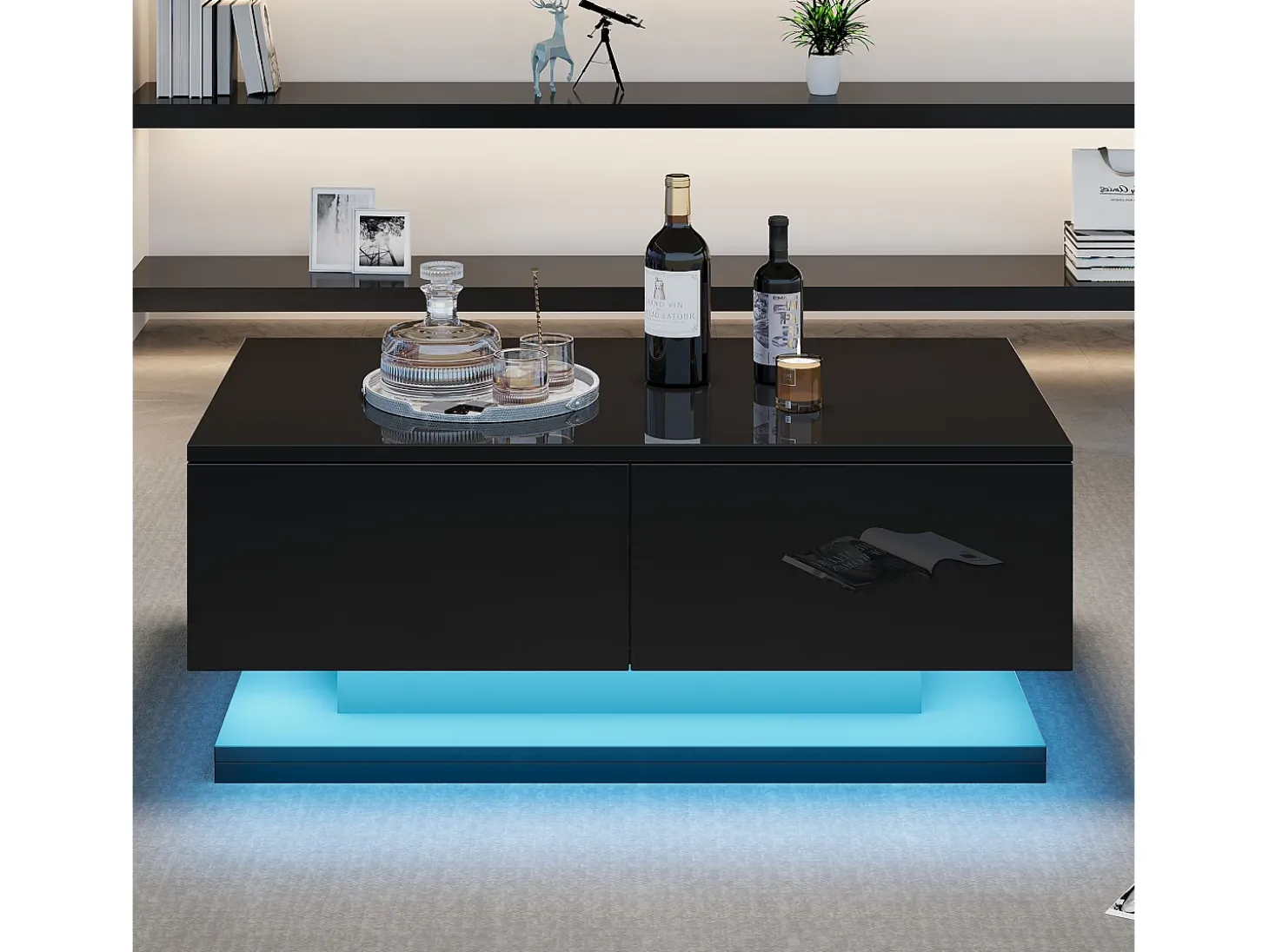 Mesa de centro retangular 90x50x38cm com 2 gavetas, LED incluído, corpo em laca preta brilhante