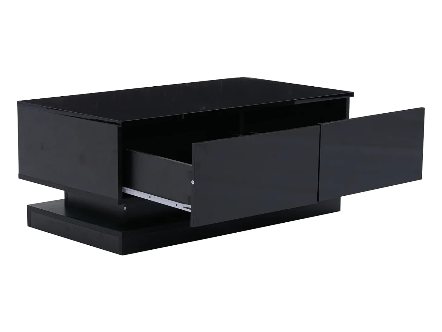 Mesa de centro retangular 90x50x38cm com 2 gavetas, LED incluído, corpo em laca preta brilhante