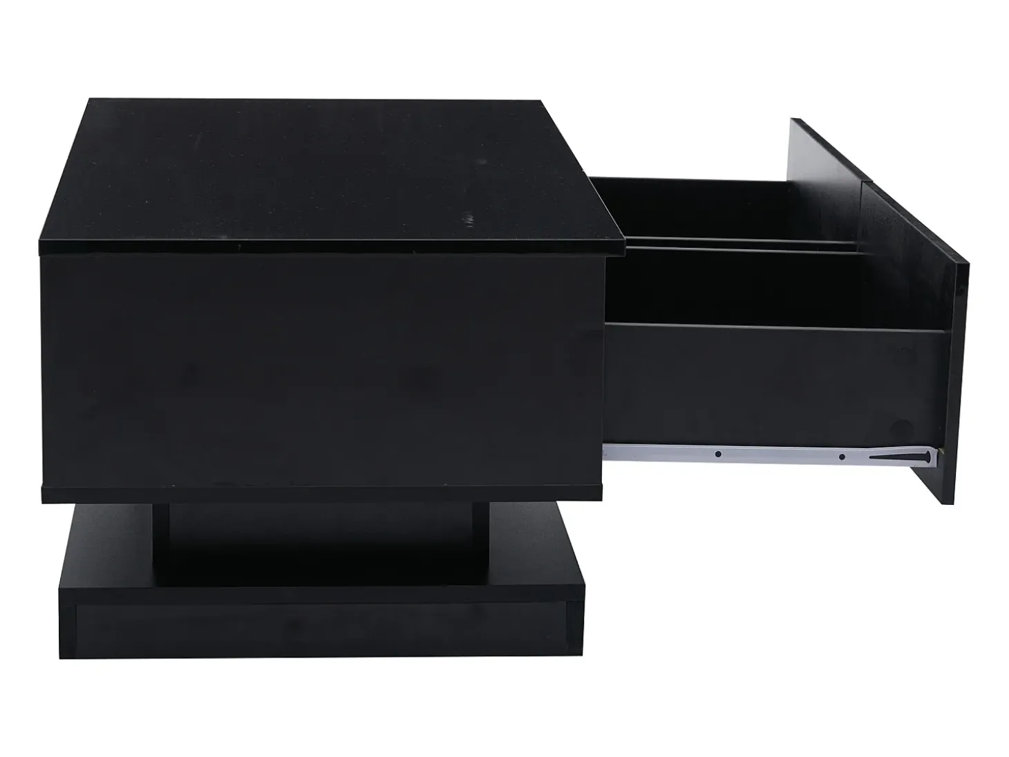 Mesa de centro retangular 90x50x38cm com 2 gavetas, LED incluído, corpo em laca preta brilhante