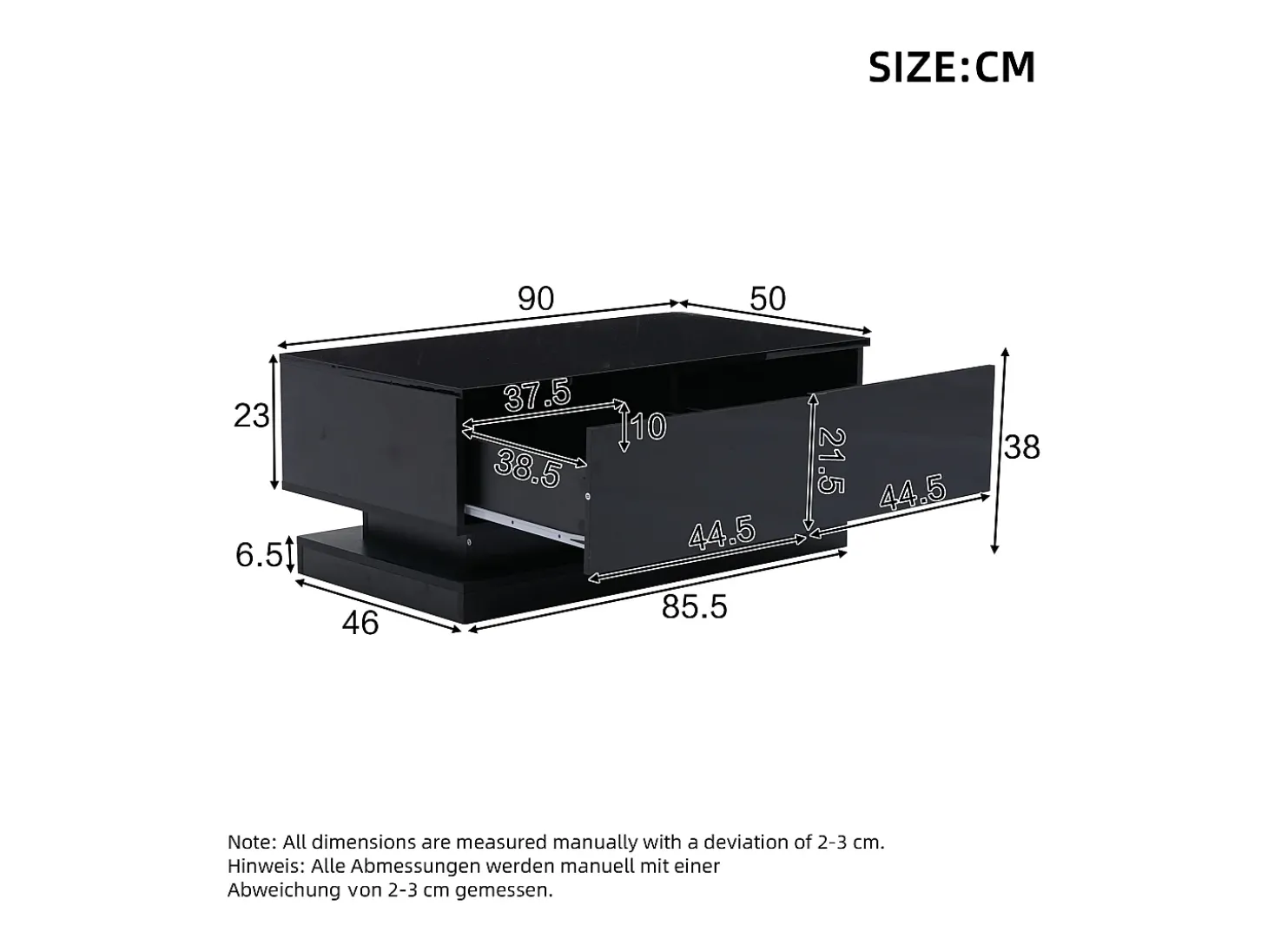 Mesa de centro retangular 90x50x38cm com 2 gavetas, LED incluído, corpo em laca preta brilhante