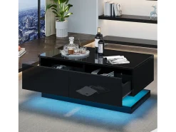 Mesa de centro retangular 90x50x38cm com 2 gavetas, LED incluído, corpo em laca preta brilhante