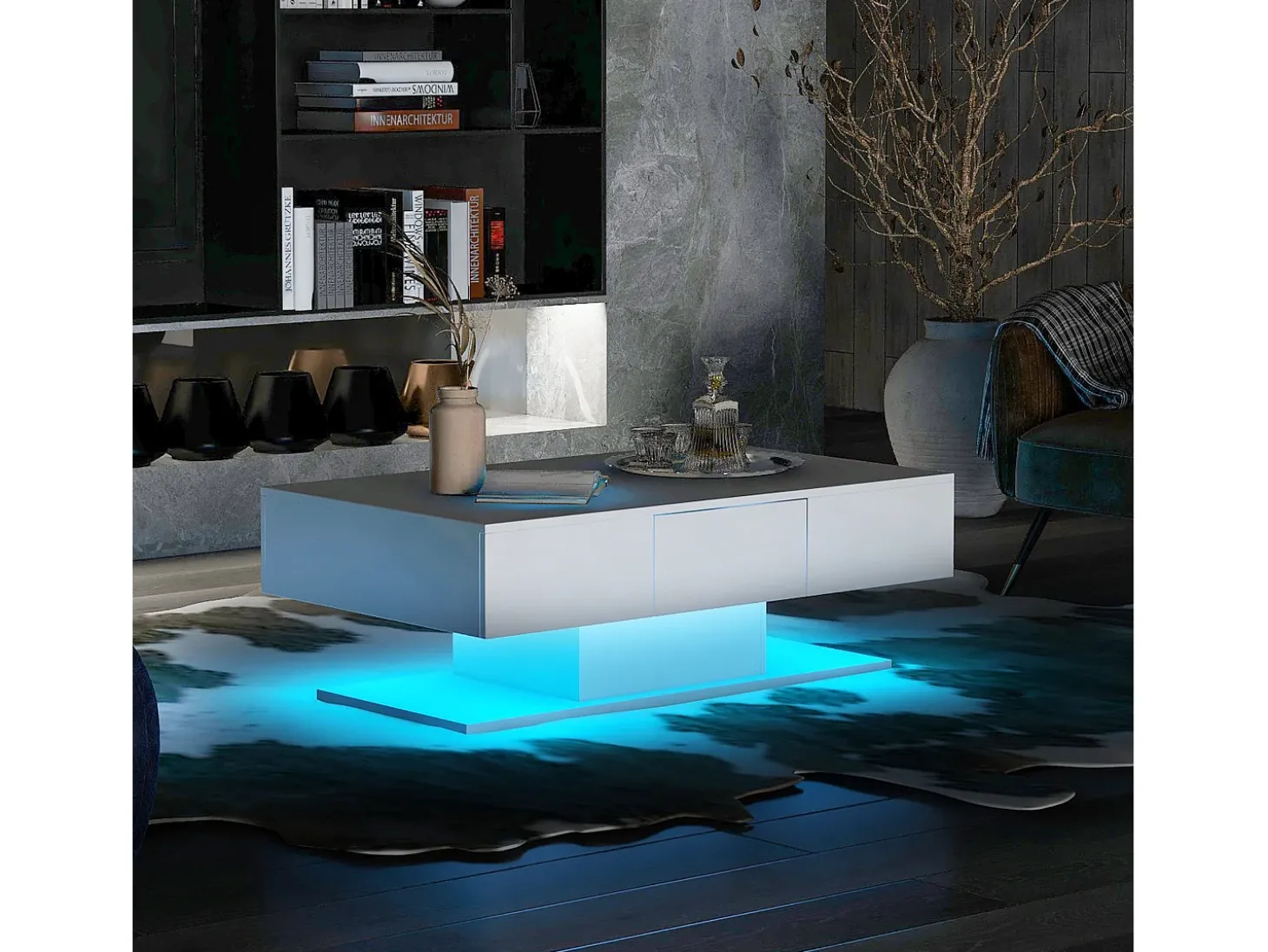 Mesa de centro retangular com 2 gavetas - aglomerado de madeira - estilo moderno - branco