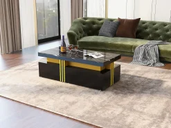 Mesa de centro retangular com 2 gavetas - 100x50x40 cm - aglomerado - tampo marmorizado, para sala - preta