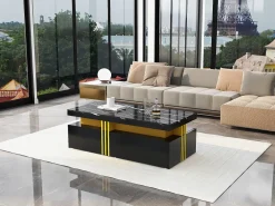 Mesa de centro retangular com 2 gavetas - 100x50x40 cm - aglomerado - tampo marmorizado, para sala - preta