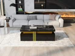 Mesa de centro retangular com 2 gavetas - 100x50x40 cm - aglomerado - tampo marmorizado, para sala - preta