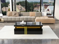Mesa de centro retangular com 2 gavetas - 100x50x40 cm - aglomerado - tampo marmorizado, para sala - preta