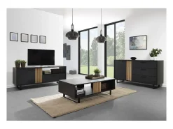 Mesa de centro robusta coleção LOFT Cor preta e carvalho. Pés em metal preto.