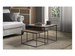 Mesa de centro RUBIK, mesa ninho com tampo de madeira maciça exótica de Mangolia, ideal para uma sala de estar contemporânea.