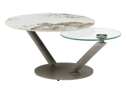 Mesa de centro tampos giratórios cerâmica e vidro temperado efeito mármore branco - ELDOVA