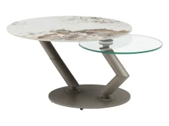 Mesa de centro tampos giratórios cerâmica e vidro temperado efeito mármore branco - ELDOVA