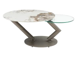 Mesa de centro tampos giratórios cerâmica e vidro temperado efeito mármore branco - ELDOVA