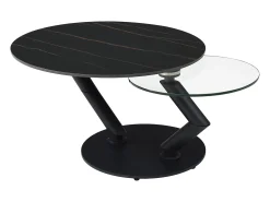Mesa de centro tampos giratórios cerâmica e vidro temperado efeito mármore preto - ELDOVA