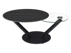 Mesa de centro tampos giratórios cerâmica e vidro temperado efeito mármore preto - ELDOVA