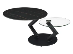 Mesa de centro tampos giratórios cerâmica e vidro temperado efeito mármore preto - ELDOVA