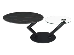 Mesa de centro tampos giratórios cerâmica e vidro temperado efeito mármore preto - ELDOVA