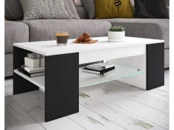 Mesa de centro Tunas design em madeira e vidro branco/preto 100x50x35 cm, armazenamento otimizado, montagem fácil