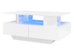 Mesa de centro 90x55 cm com LED, gaveta e prateleira, superfície lacada a branco