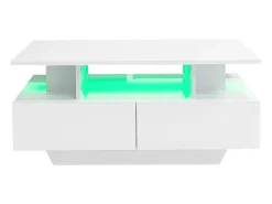 Mesa de centro 90x55 cm com LED, gaveta e prateleira, superfície lacada a branco